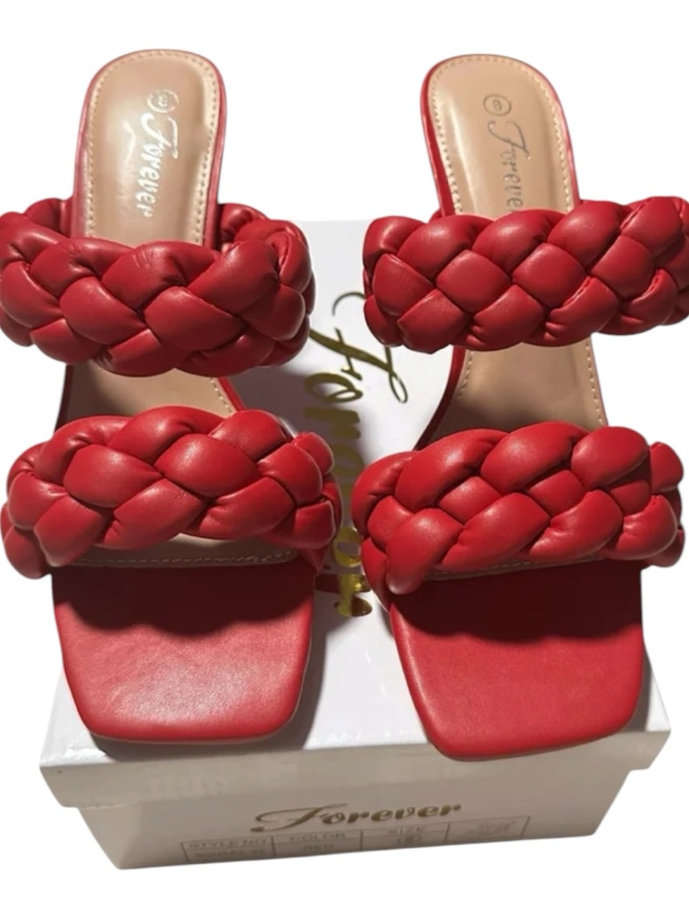 NWT Red Braided Heeled Sandals Square Toe & Slip-On Style Forever square 68. - Picture 3 of 7